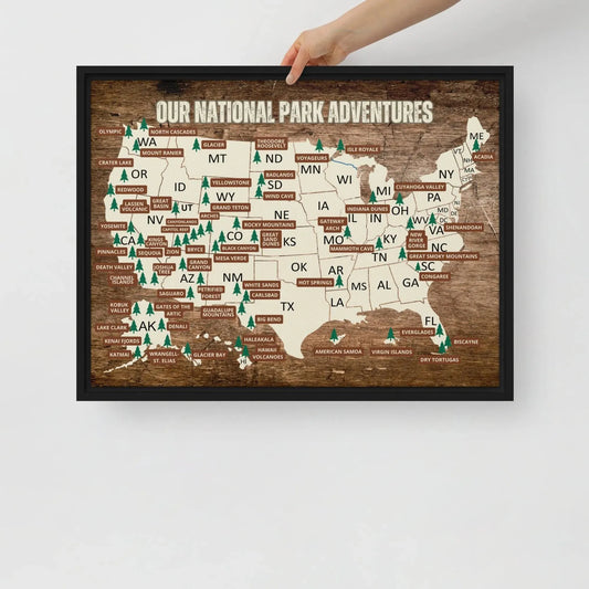 National Parks Travel Map Framed Canvas - Adventure Threads Company