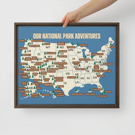 National Parks Travel Map Framed Canvas (Blue) - Adventure Threads Company