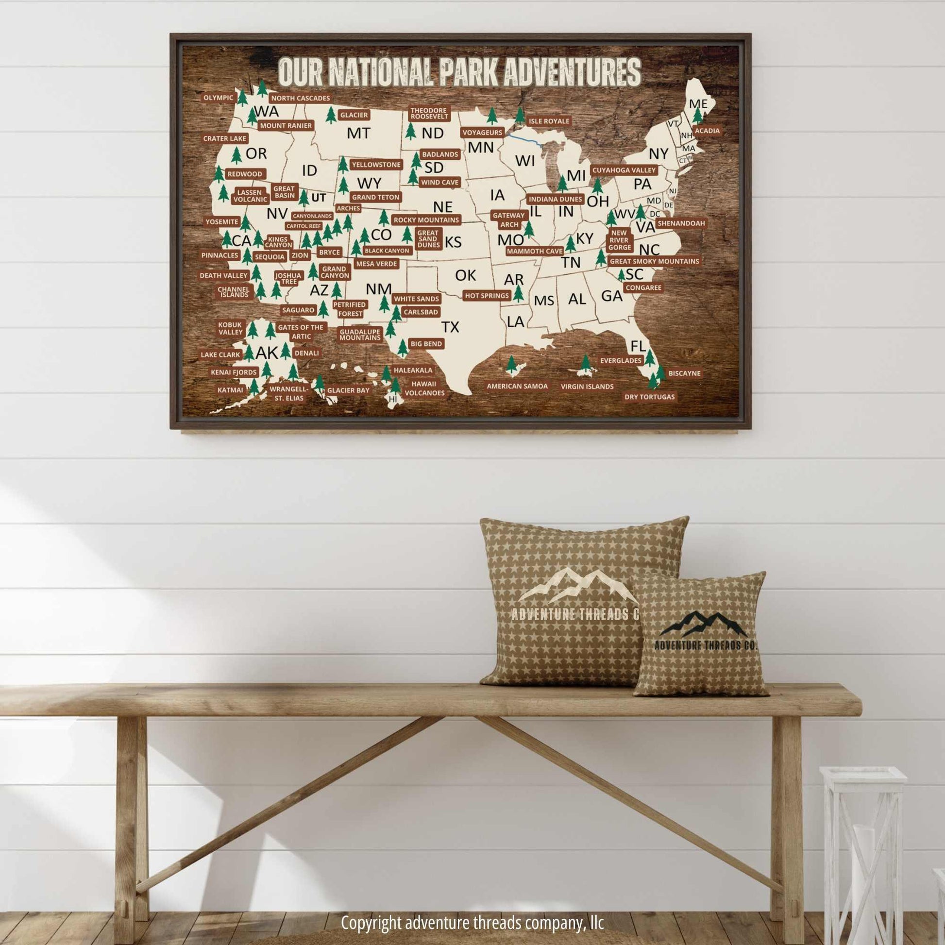 National Parks Travel Map Framed Canvas - Adventure Threads Company
