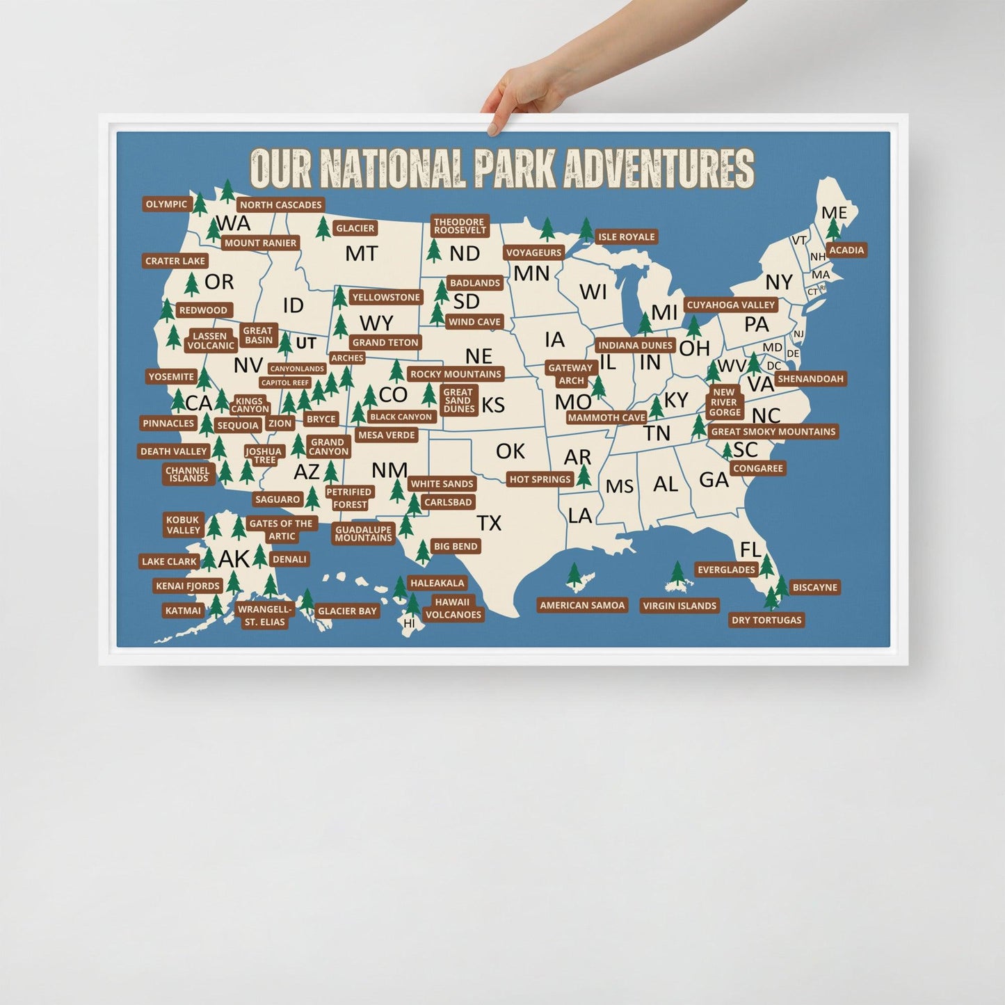 National Parks Travel Map Framed Canvas (Blue) - Adventure Threads Company