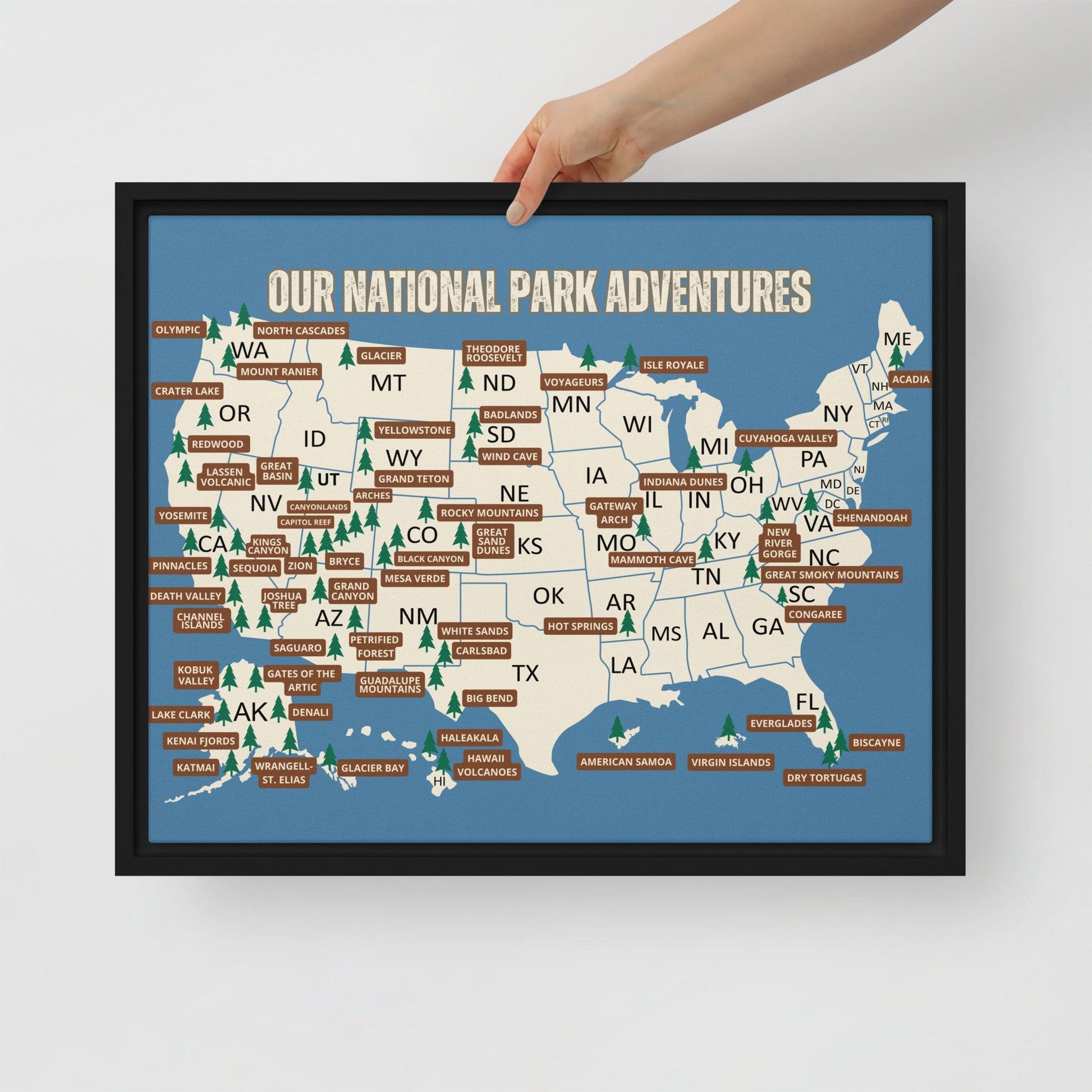 National Parks Travel Map Framed Canvas (Blue) - Adventure Threads Company